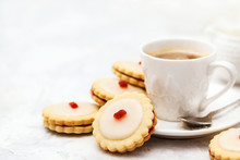 Empire Shortbread Sandwich Cookies And Cup Of Coffee