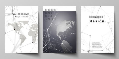 Vector layout of A4 format cover mockups design templates for brochure, flyer, booklet. Futuristic design with world globe, connecting lines and dots. Global network connections, technology concept.