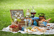 Wicker picnic hamper with assorted fresh food