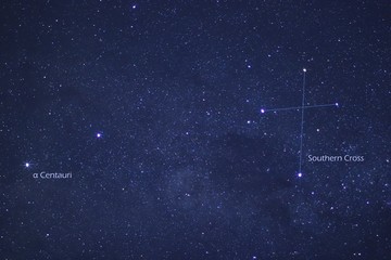 Wall Mural - explained astronomy - alpha centauri on the left, southern cross on the right with dark nebula coal 
