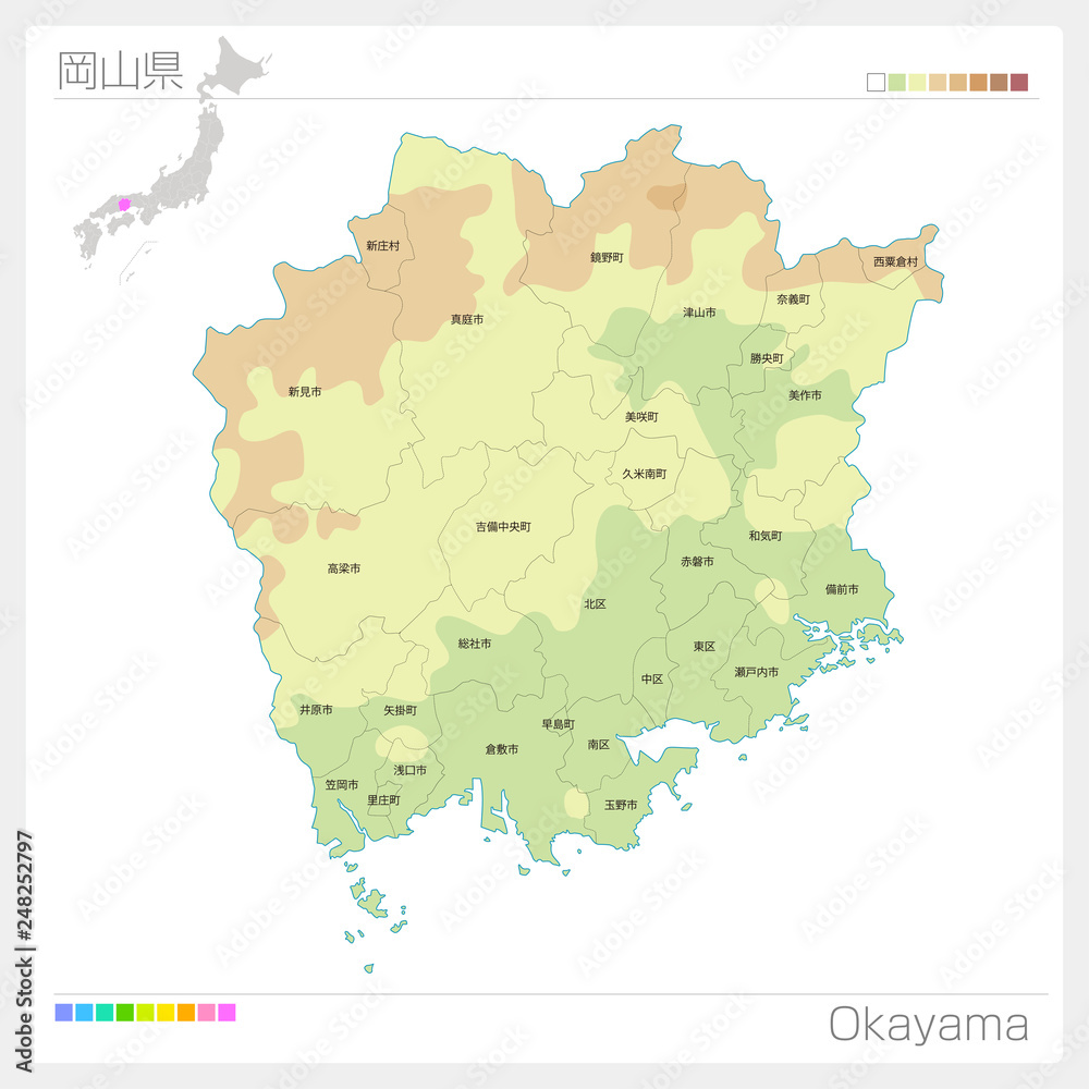 岡山県の地図（等高線・色分け・市町村・区分け） の Stock ベクター