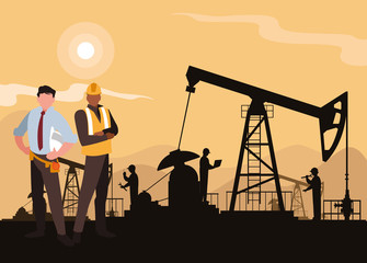 Wall Mural - oil industry scene with derrick and workers