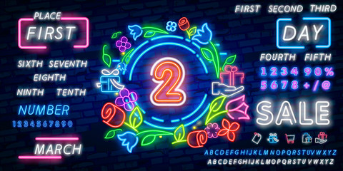 Number two symbol neon sign vector. Second, Number two template neon icon, light banner, neon signboard, nightly bright advertising, light inscription. Vector illustration