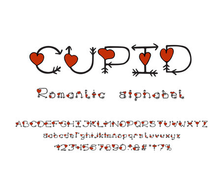 Romantic Alphabet with arrows and hearts. Vector Letters, numbers and punctuation marks