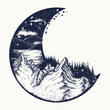 Moon and mountains tattoo and t-shirt design. Infinite space, meditation symbols, travel, tourism. Surreal graphics