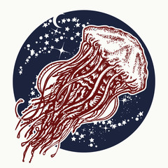 Wall Mural - Jellyfish floats in deep space. Universe art. Two color tattoo. Symbol of wandering, deep sea, travel, meditation