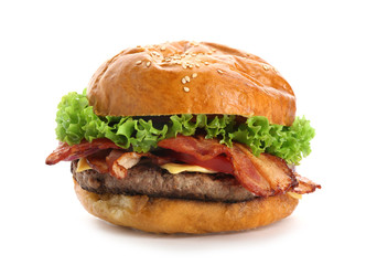 Delicious burger with bacon on white background