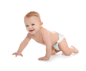 Sticker - Cute little baby crawling on white background