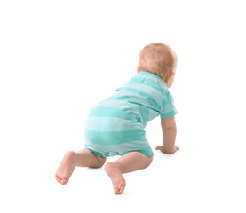 Sticker - Cute little baby crawling on white background