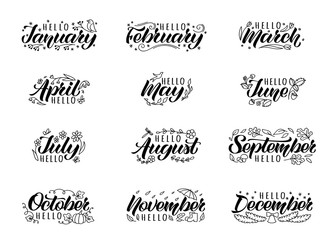 Set of hand drawn lettering with names of months and doodles.  Hand written months titles for print, invitation  or greeting cards, brochures, poster, calender, planner, diary, t-shirts, mugs.