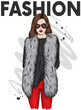 Beautiful stylish girl in a fur coat, trousers and glasses. Fashionable clothes and accessories. Fashion & Style. Vector illustration for a postcard or a poster. Print on clothes, cover of a magazine