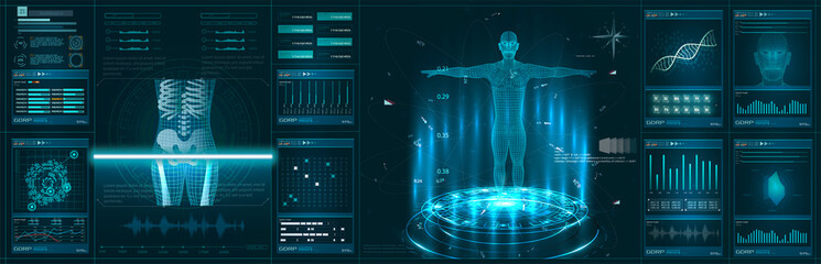 Poster - hologram human anatomy and skeleton. abstract health hud ui interface element of medical science. vi