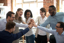 Happy Diverse Colleagues Give High Five Together Celebrate Great Teamwork
