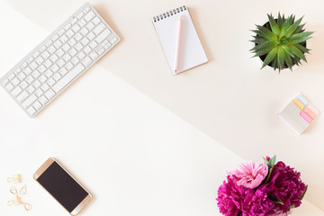 Wall Mural - Top view of office table desk or fashion woman workspace with computer keyboard, blue diary, green potted cactus flower background. Flat lay