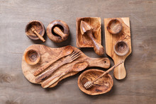 Set Of Wooden Kitchen Utensils Made From Olive Wood . 