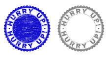 Grunge HURRY UP! Stamp Seals Isolated On A White Background. Rosette Seals With Grunge Texture In Blue And Grey Colors. Vector Rubber Stamp Imitation Of HURRY UP! Text Inside Round Rosette.
