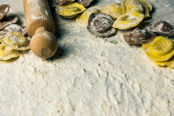 Wall Mural - Homemade fresh Italian ravioli pasta on white wood table,background,top view.