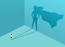 Businesswoman With Shadow Superhero. Super Manager Leader In Business. Concept Of Success, Quality Of Leadership, Trust, Emancipation. Vector Illustration