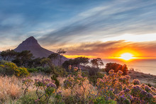 Beautiful Sunset Over The Ocean And Lion's Head Mountain View From Signal Hill In Cape Town