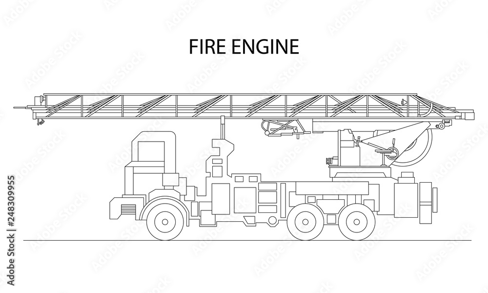 Classic cartoon hand drawn detailed fire engine / fire truck, profile view. Vector illustration - obrazy, fototapety, plakaty 