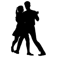 Black silhouettes dancing man and woman on white background