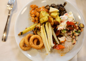 y vegetables onion rings and asparagus at the restaurant