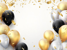Celebration Banner. Happy Birthday Party Background With Golden Ribbons, Confetti And Balloons. Vector Realistic Anniversary Poster