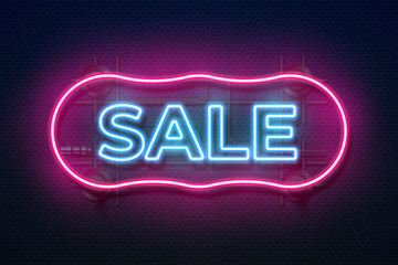 Leinwandbilder - Neon sale sign. Retro light frame, futuristic glowing border shape, abstract advertising color background. Vector realistic neon sign