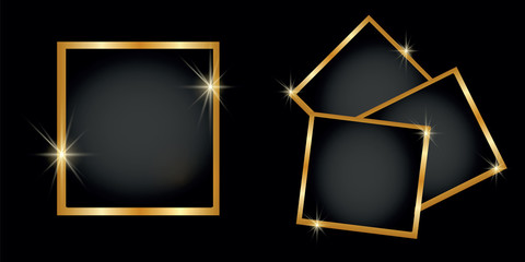 Wall Mural - Set of  gold shiny square and round frames, on black transparent background. Vector illustration