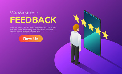 Poster - Isometric banner businessman with phone and five star feedback