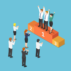 Aufkleber - isometric business team on the winner podium and raising hand together