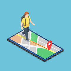 Sticker - Isometric traveller use map application on the smartphone to reach the destination