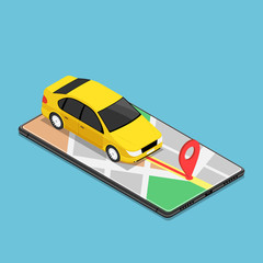 Poster - Isometric car use gps map navigation application on smartphone