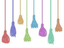 Tassel Trim. Fabric Curtain Tassels, Fringe Bunch On Rope And Pillow Colorful Embelishments Isolated Vector Set