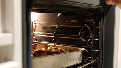 cooking the steak in the oven