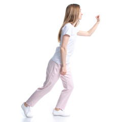 Woman in white t-shirt knocking on the door on white background isolation, back view