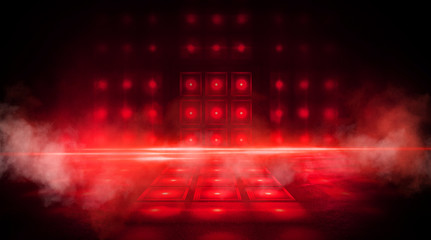 Wall Mural - empty scene of a show with lanterns and concrete floor, abstract background with bokeh, lights, rays