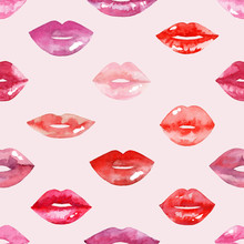 Women's Lips Pattern. Hand Drawn Watercolor Lips Isolated On White Background. Fashion And Beauty Illustration. Sexy Kiss. Design For Beauty Salon, Make-up Studio, Makeup Artist, Meeting Website.