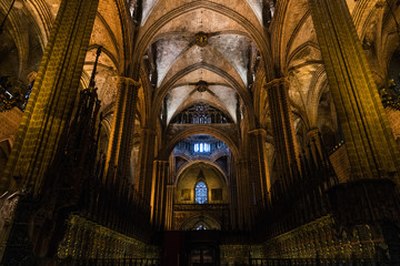 Columns and arches inside Barcelona gothic Cathedral