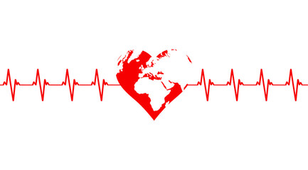 Cardiogram of Planet Earth in the shape of a red heart isolated on white background.