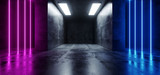 Fototapeta Do przedpokoju - Neon Cyber Sci Fi Futuristic Modern Retro Led Laser Dance Lights Vertical Lines Blue Pink Purple Lights On Reflective Grunge Concrete Dark Empty Room Corridor 3D Rendering