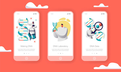 Poster - scientist group explore genome pair in dna cell mobile app page onboard screen set. doctor test heal