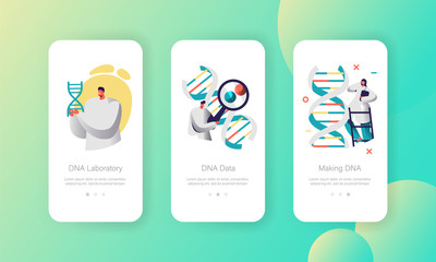Poster - doctor explore genome pair in dna cell mobile app page onboard screen set. modern healthcare technol
