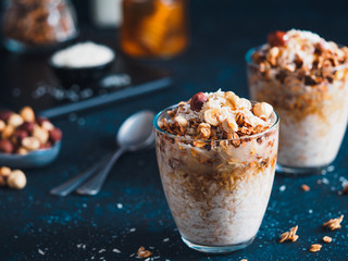 gingerbread coconut overnight oatmeal served with granola,pecan,honey.recipe and idea healthy vegan 
