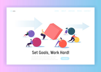 Wall Mural - Business Competition Concept Landing Page. Corporate People Character Move Geometric Shapes for Teamwork Challenge. Team Work Hard Progress Website or Web Page. Flat Cartoon Vector Illustration