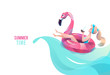 Concept in flat style with woman swimming with circle. Vacation and relaxion. Sunbathing. Vector illustration.