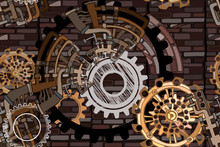 Vector Seamless Pattern. Abstract Industrial Background With Fictional Gearwheels And Details Of Machines Illustrating Retro Technology Or Steampunk Concept. Hand Drawn.