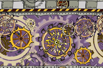  Vector seamless pattern. Abstract industrial background with fictional gearwheels and details of machines illustrating retro technology or steampunk concept. Hand drawn.