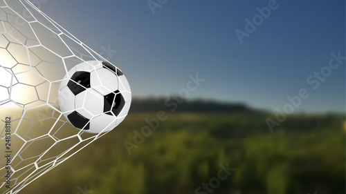 Soccer Or Football Banner With 3d Ball On Green Field Background Soccer Game Match Goal Moment With Ball In The Net Blurred Soccer Training Field Buy This Stock Vector And Explore