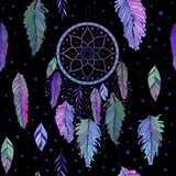 Dreamcatcher with colorful feathers seamless pattern. Ethnic tribal gypsy art with native American Indian boho design, mystery symbol. Vector background.